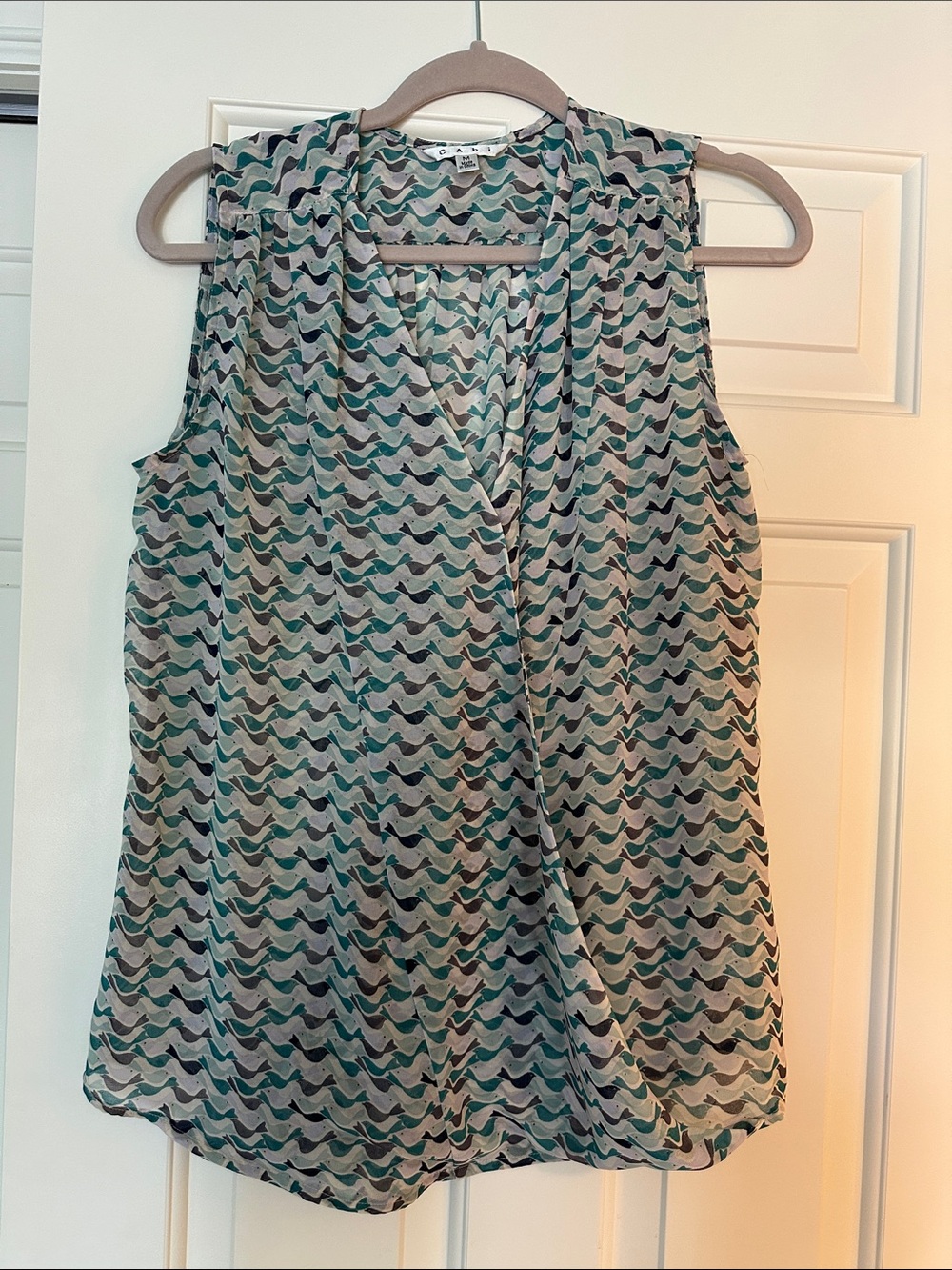 CAbi Sleeveless V-Neck Camisole in Teal and Gray Wave Print